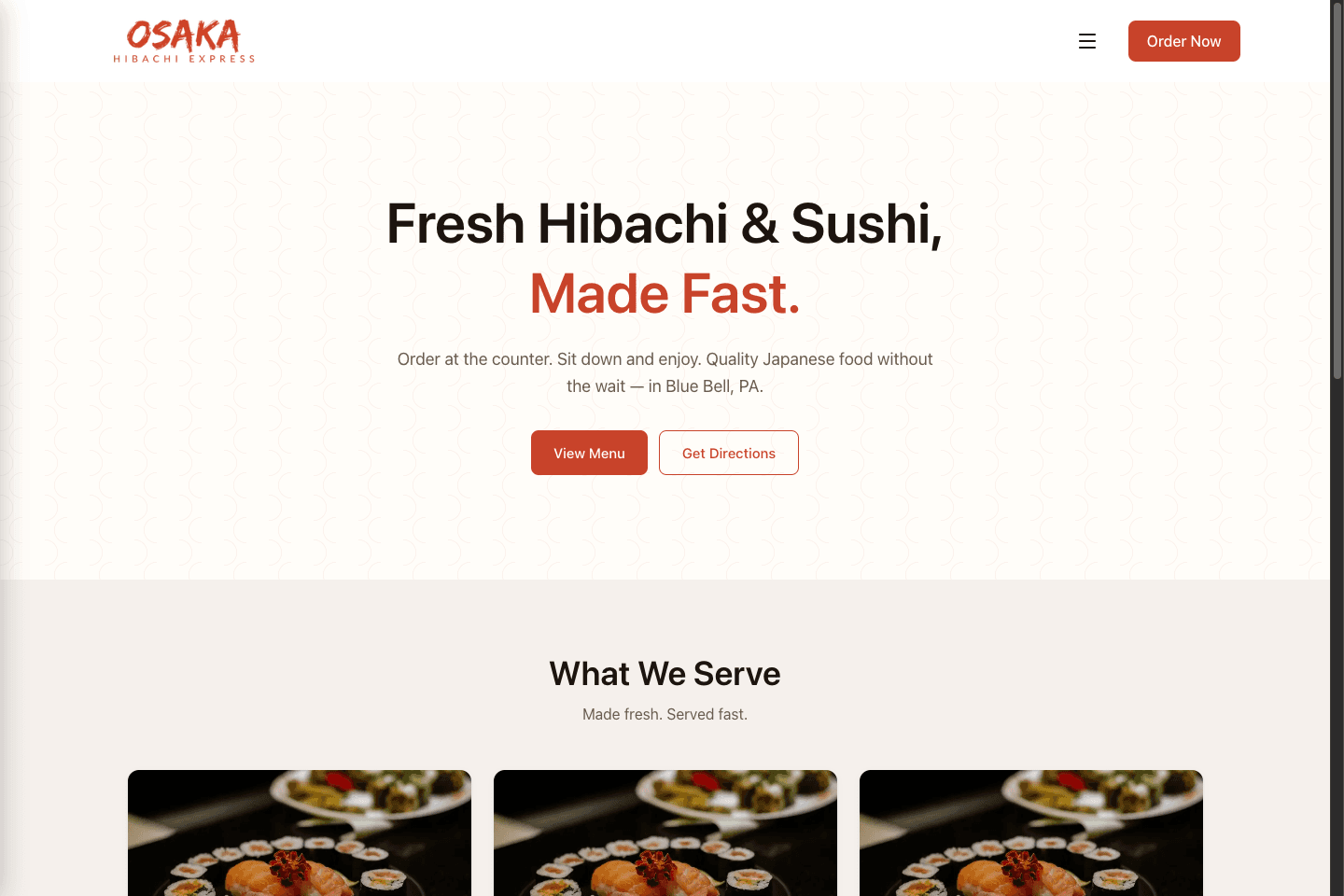 Osaka Hibachi Express website on desktop