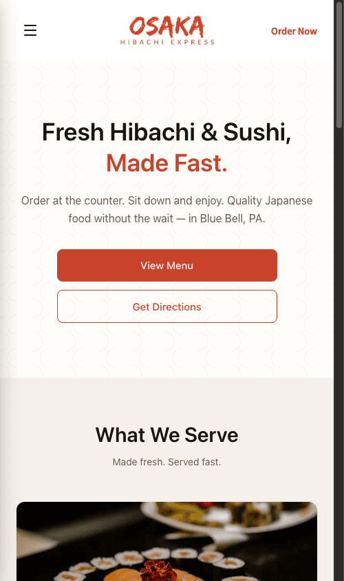 Osaka Hibachi Express website on a phone